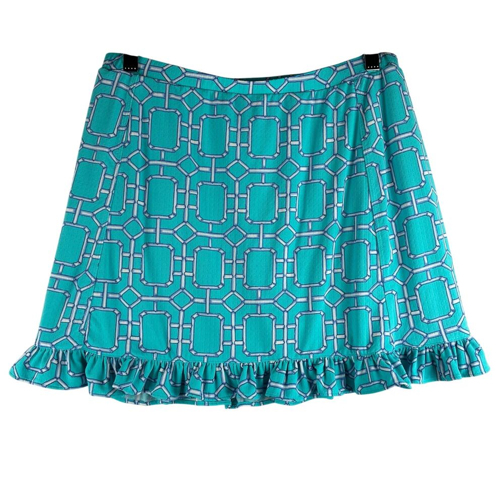 G Lifestyle Ruffle Hem Golf Skort Medium Active Turquoise Geometric Stretch